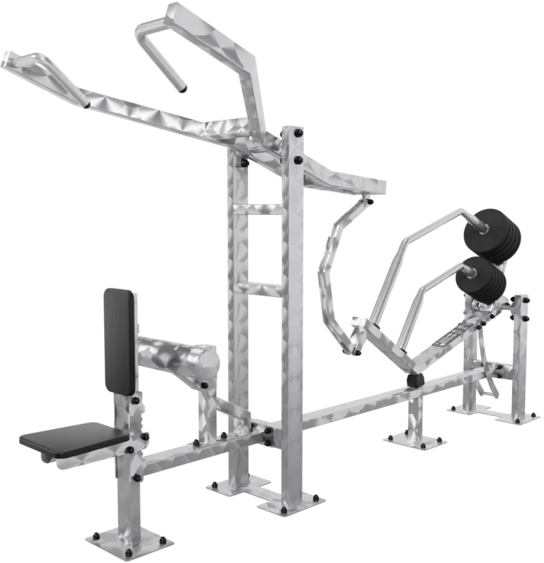 vGYM Latzug – Outdoor-Kraftgerät aus Edelstahl mit Sitz, Zugarmen und Gewichtsscheiben