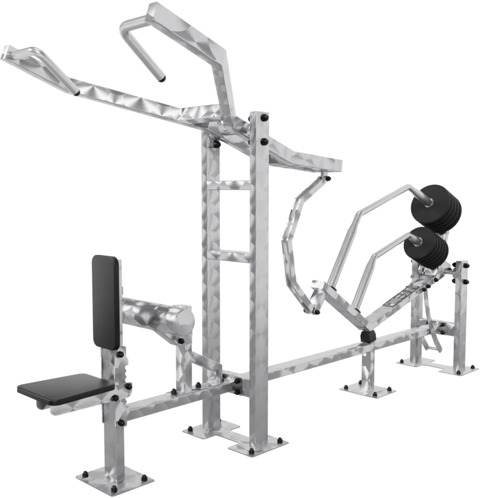 vGYM Latzug – Outdoor-Kraftgerät aus Edelstahl mit Sitz, Zugarmen und Gewichtsscheiben