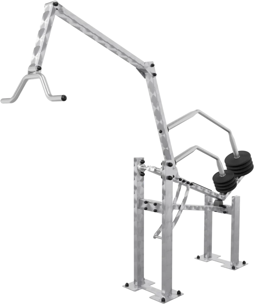 vGYM Trizeps-Trainer stehend – Outdoor-Kraftgerät aus Edelstahl mit hohem Hebelarm und Gewichtsscheiben