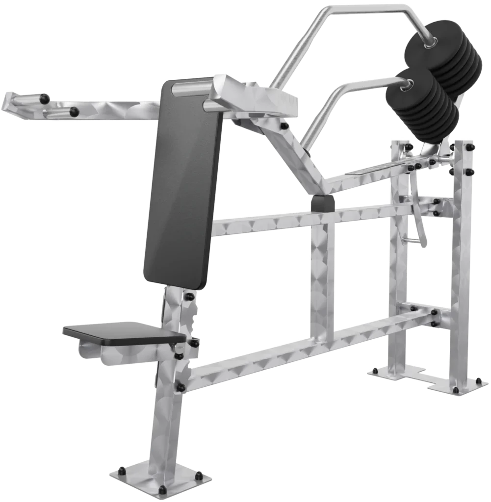 vGYM Schulterpresse – Outdoor-Kraftgerät aus Edelstahl mit gepolsterter Rückenlehne und Gewichtsscheiben