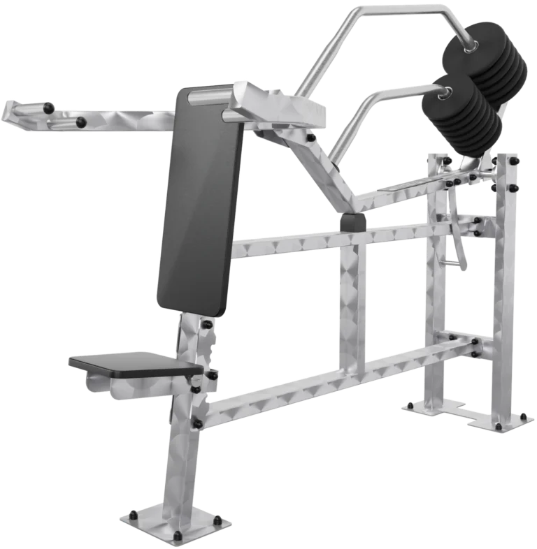 vGYM Presse à épaules – appareil de musculation extérieur en acier inoxydable avec dossier rembourré et disques