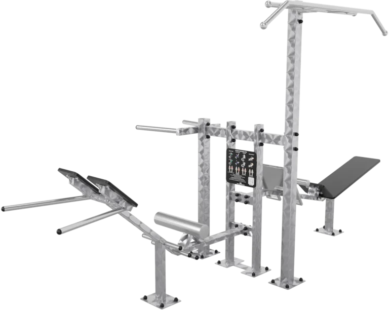vGYM Multifunktionsgestell – Outdoor-Gestell aus Edelstahl mit Stangen, Griffen und Bänken für Eigengewichtsübungen