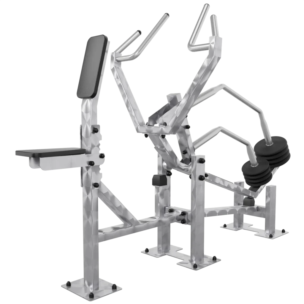 vGYM Rudergerät – Outdoor-Kraftgerät aus Edelstahl mit Brustpolster, Zugarmen und Gewichtsscheiben