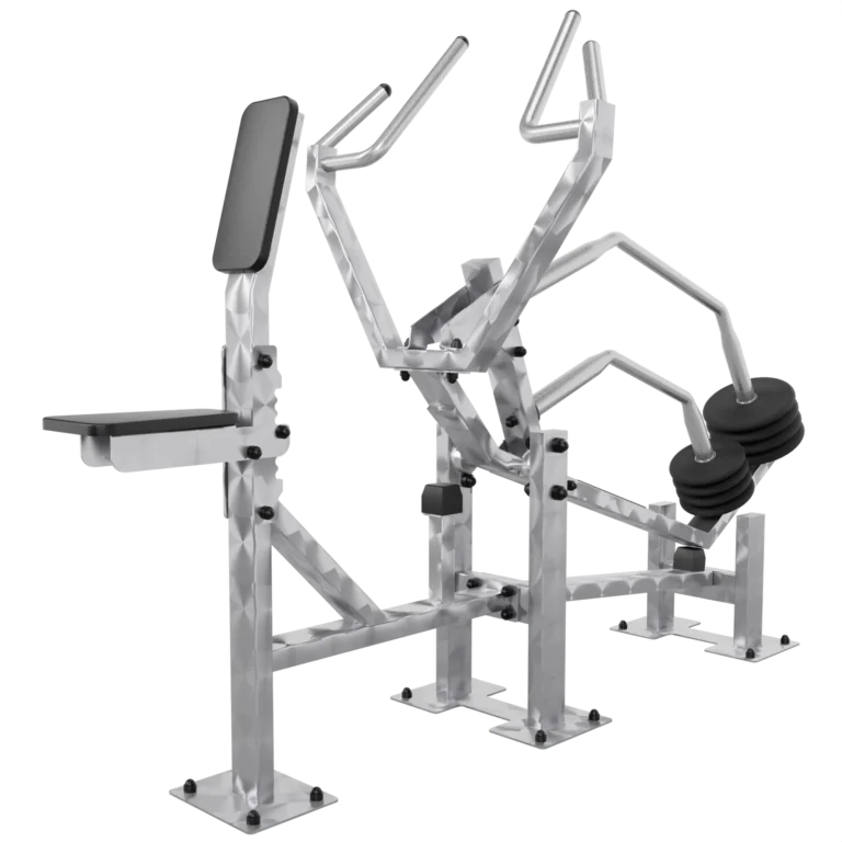 vGYM Rameur – appareil de musculation extérieur en acier inoxydable avec appui pectoral, bras de traction et disques