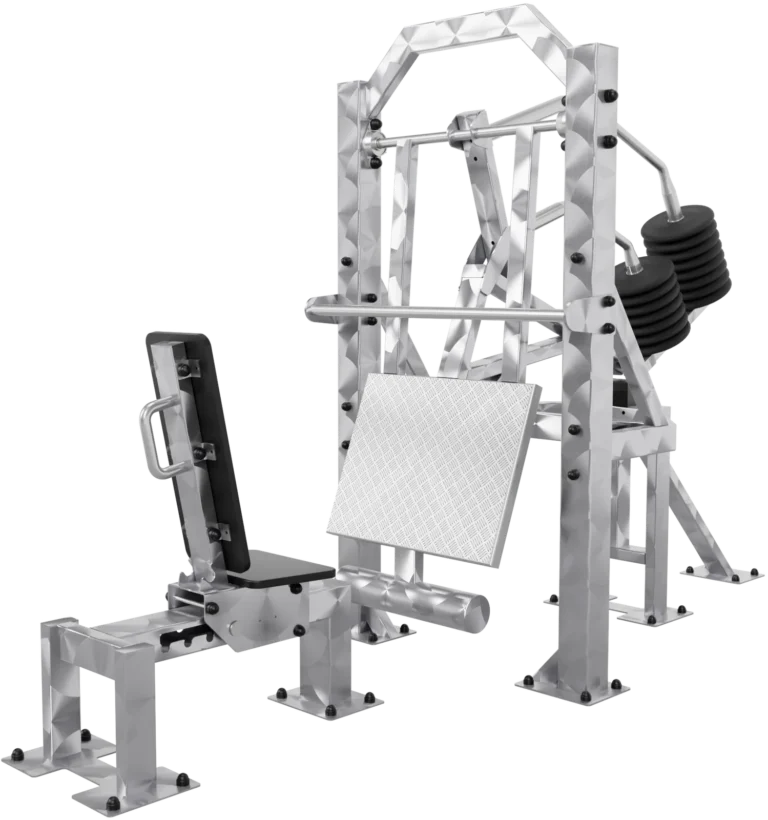 vGYM Beinpresse – Outdoor-Kraftgerät aus Edelstahl mit Sitz, Fussplatte und Gewichtsscheiben