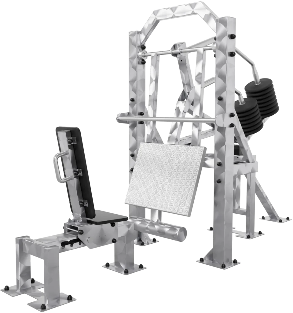 vGYM Beinpresse – Outdoor-Kraftgerät aus Edelstahl mit Sitz, Fussplatte und Gewichtsscheiben
