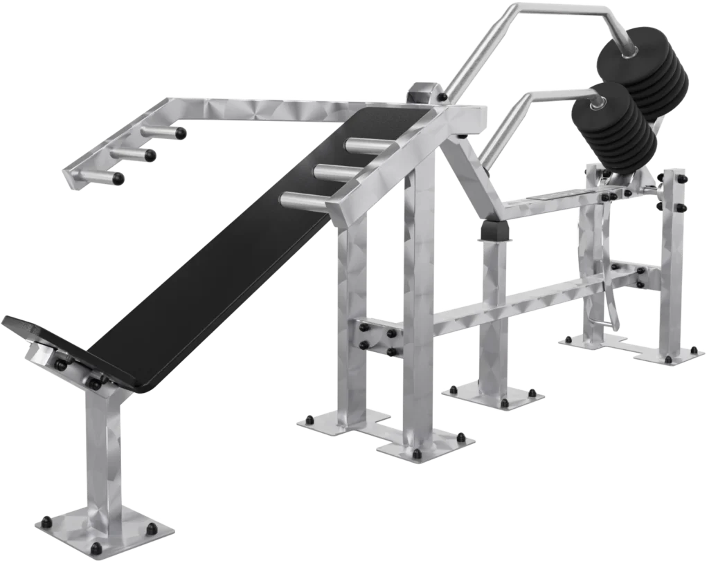 vGYM Schrägbankdrücken – Outdoor-Kraftgerät aus Edelstahl mit Schrägbank und Gewichtsscheiben