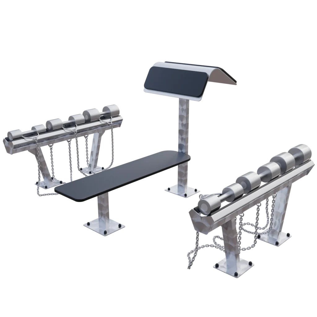 vGYM Set Flachbank, Curlbank und Kurzhanteln – Outdoor-Bänke mit zwei Hantelablagen und Kurzhanteln