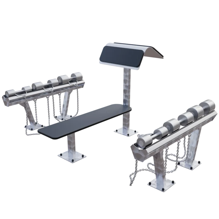 vGYM Set Flachbank, Curlbank und Kurzhanteln – Outdoor-Bänke mit zwei Hantelablagen und Kurzhanteln
