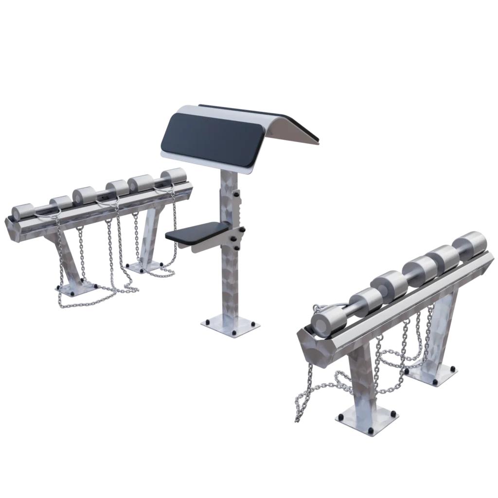 vGYM Set Curlbank und Kurzhanteln – Outdoor-Curlbank mit zwei Hantelablagen und Kurzhanteln