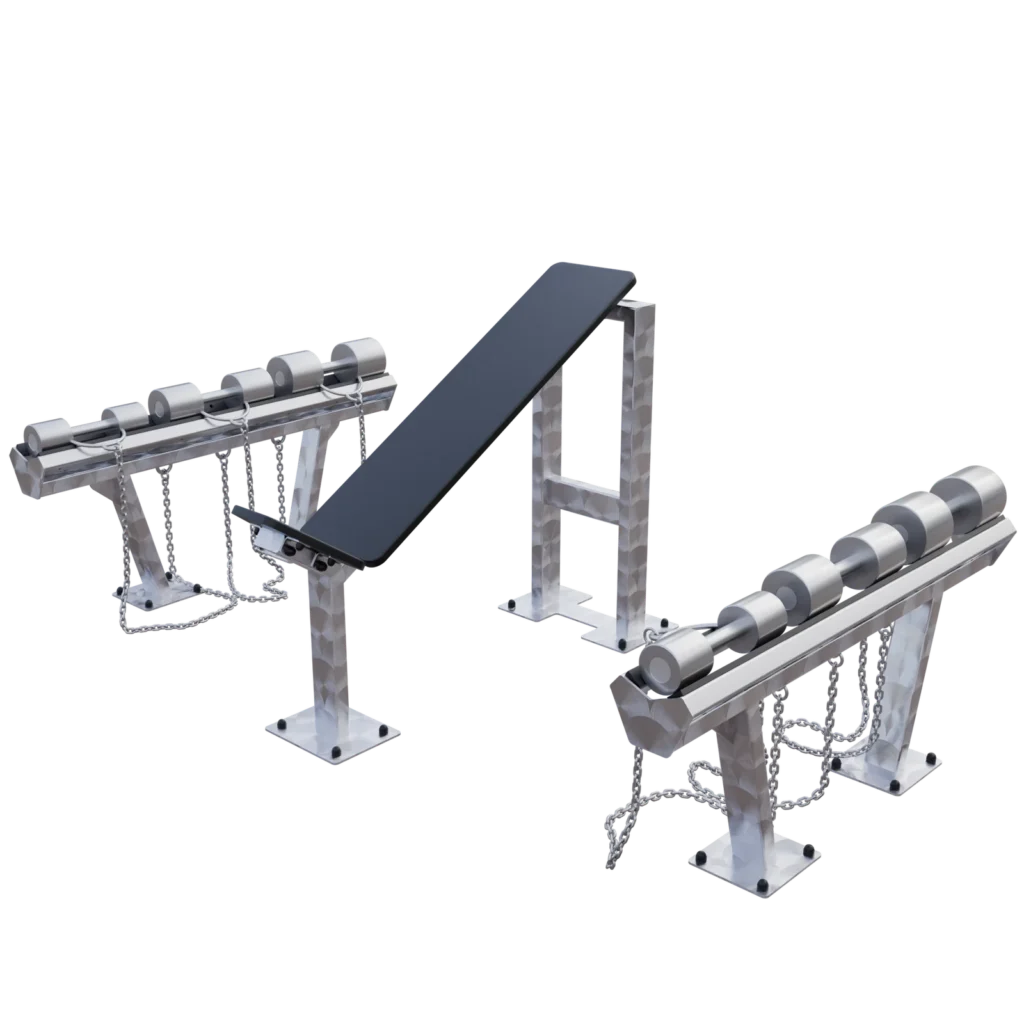 vGYM Set Schrägbank und Kurzhanteln – Outdoor-Schrägbank mit zwei Hantelablagen und Kurzhanteln