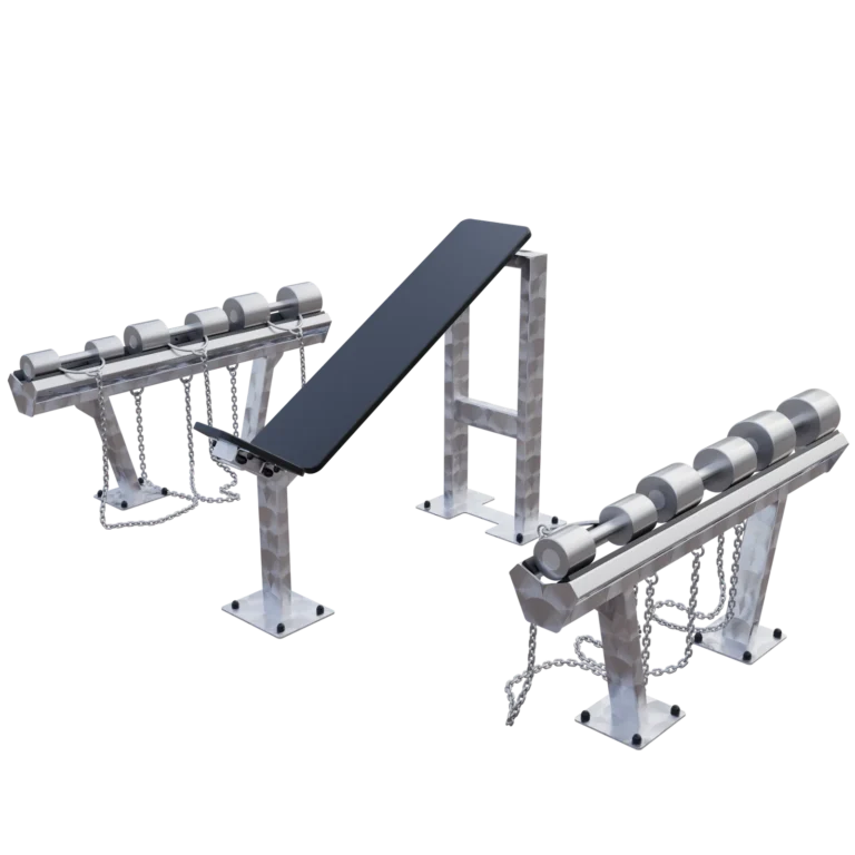 vGYM Set Schrägbank und Kurzhanteln – Outdoor-Schrägbank mit zwei Hantelablagen und Kurzhanteln