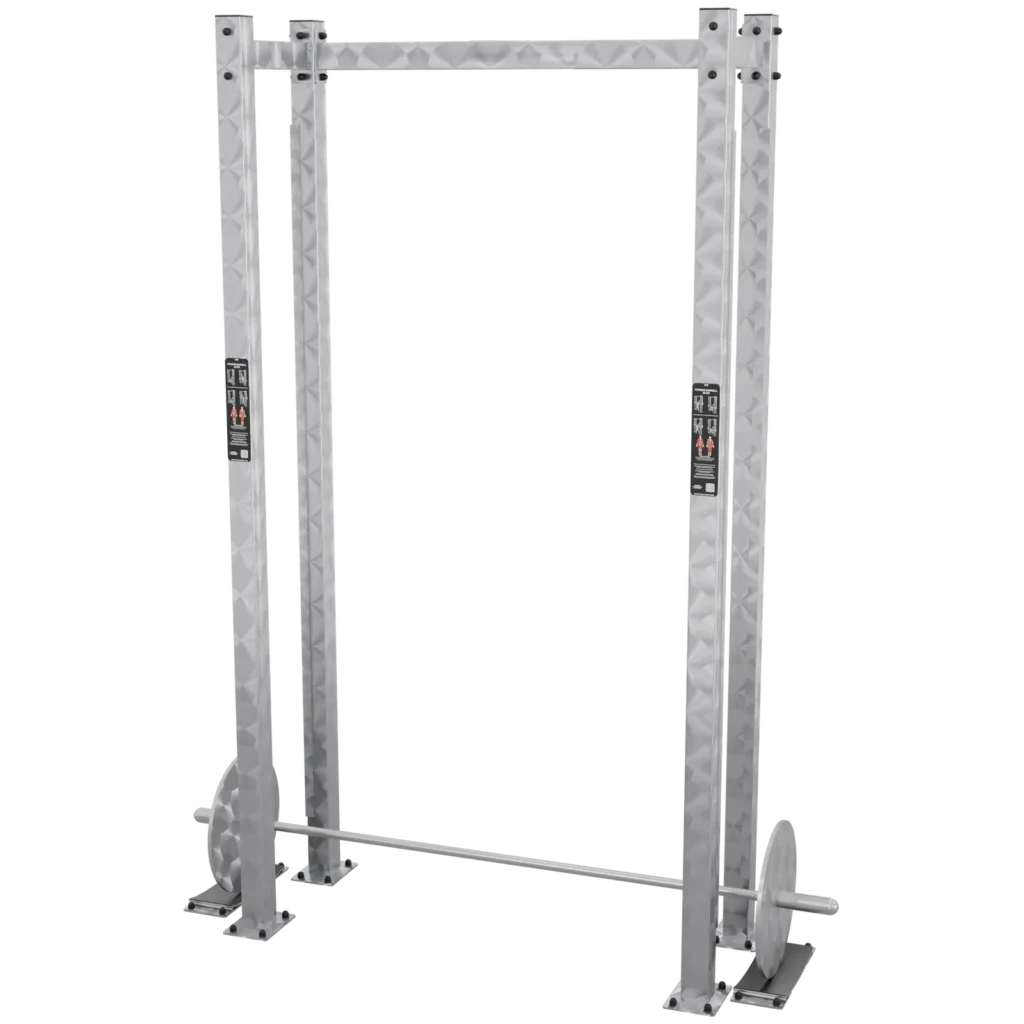 vGYM Barre longue de fitness en acier inoxydable avec disques, posée dans un cadre en acier