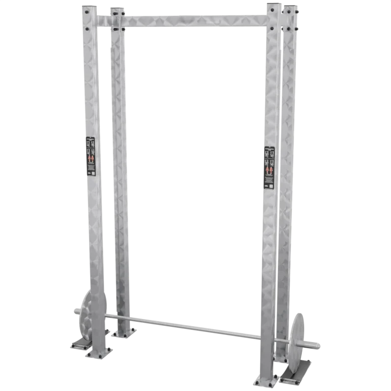 vGYM Barre longue de fitness en acier inoxydable avec disques, posée dans un cadre en acier