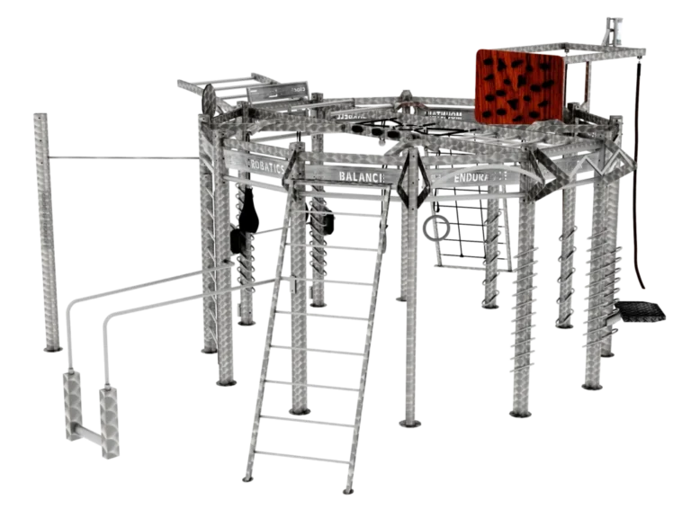 vGYM Rig fonctionnel rond – structure d’entraînement extérieure ronde avec échelle, anneaux et accessoires d’entraînement