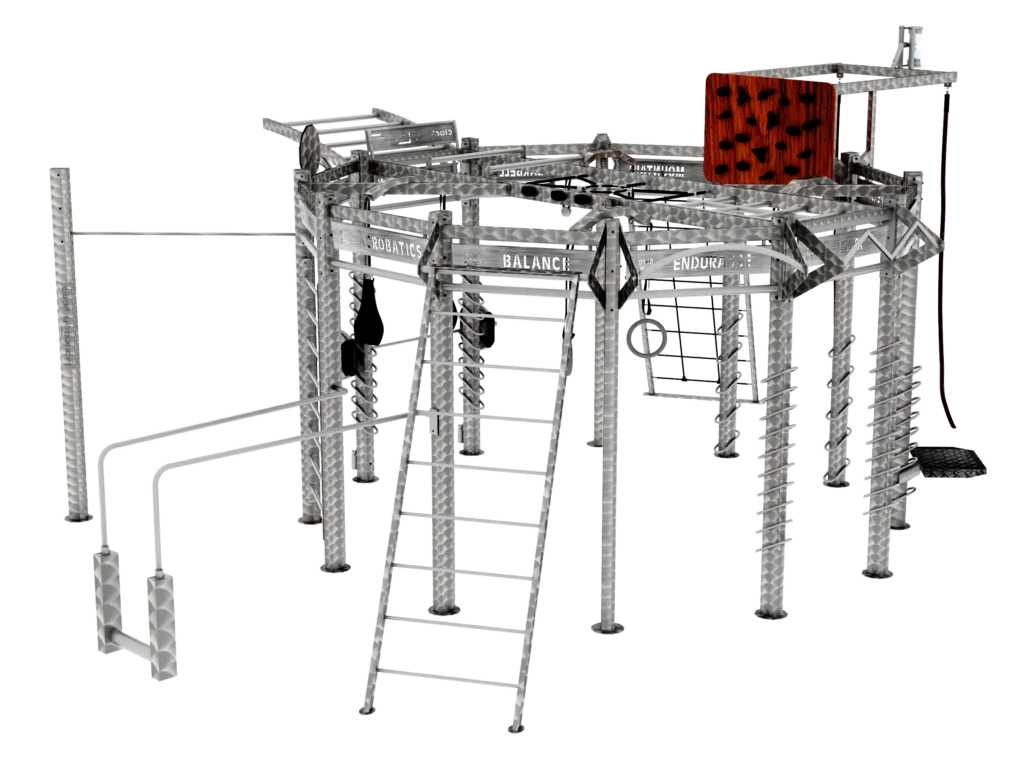 vGYM Rig fonctionnel rond – structure d’entraînement extérieure ronde avec échelle, anneaux et accessoires d’entraînement