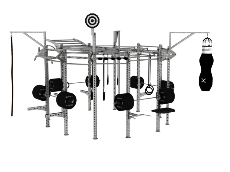 vGYM Rig fonctionnel Cross – structure d’entraînement extérieure avec disques, anneaux, sacs de frappe et cible