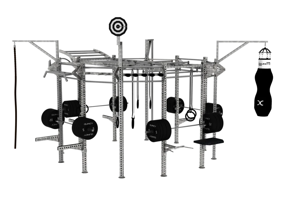 vGYM Rig funzionale Cross – struttura di allenamento outdoor con dischi, anelli, sacchi da boxe e bersaglio