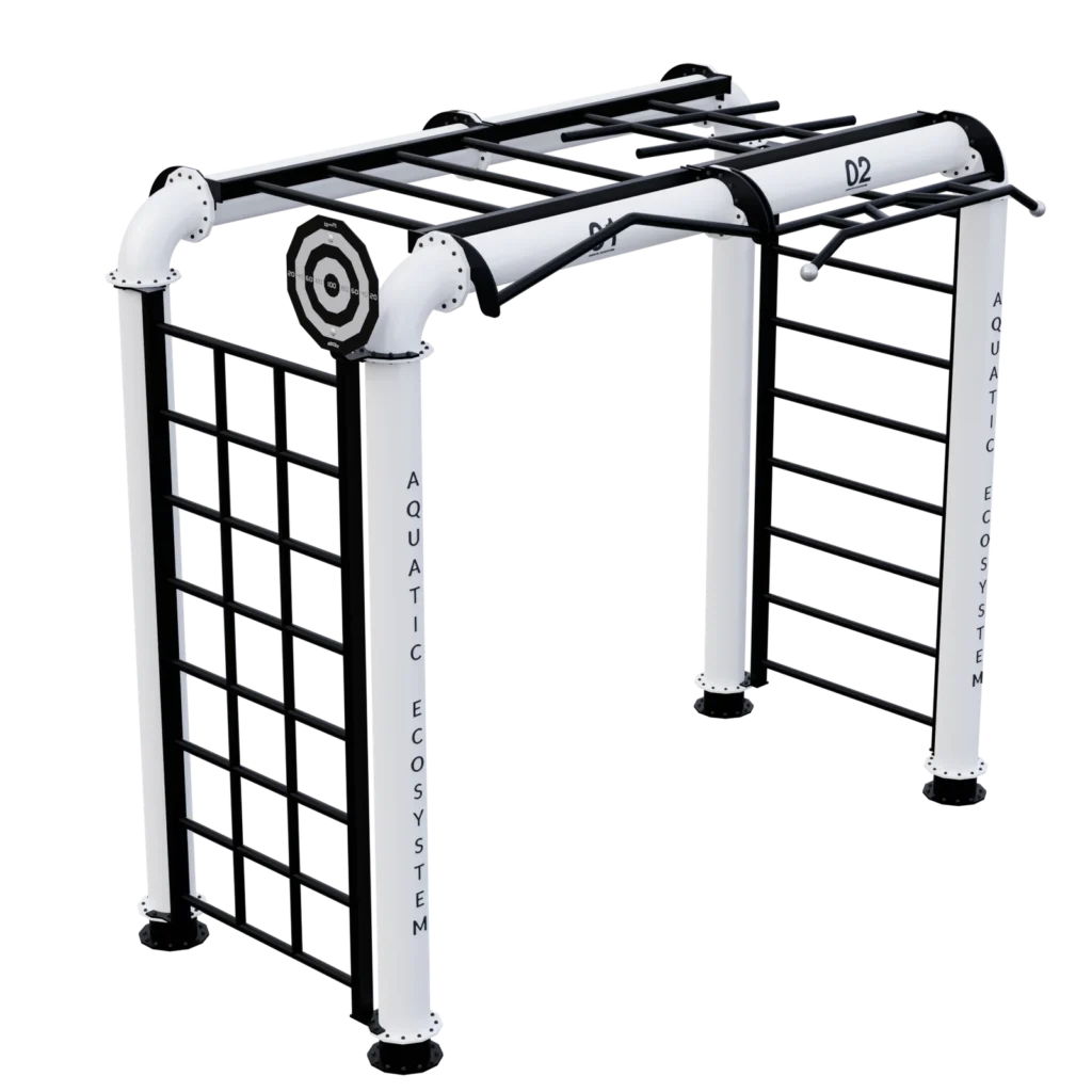 vGYM Modulares Rig-System – weiss-schwarzes Outdoor-Rig mit Klettergitter und Hangelbalken