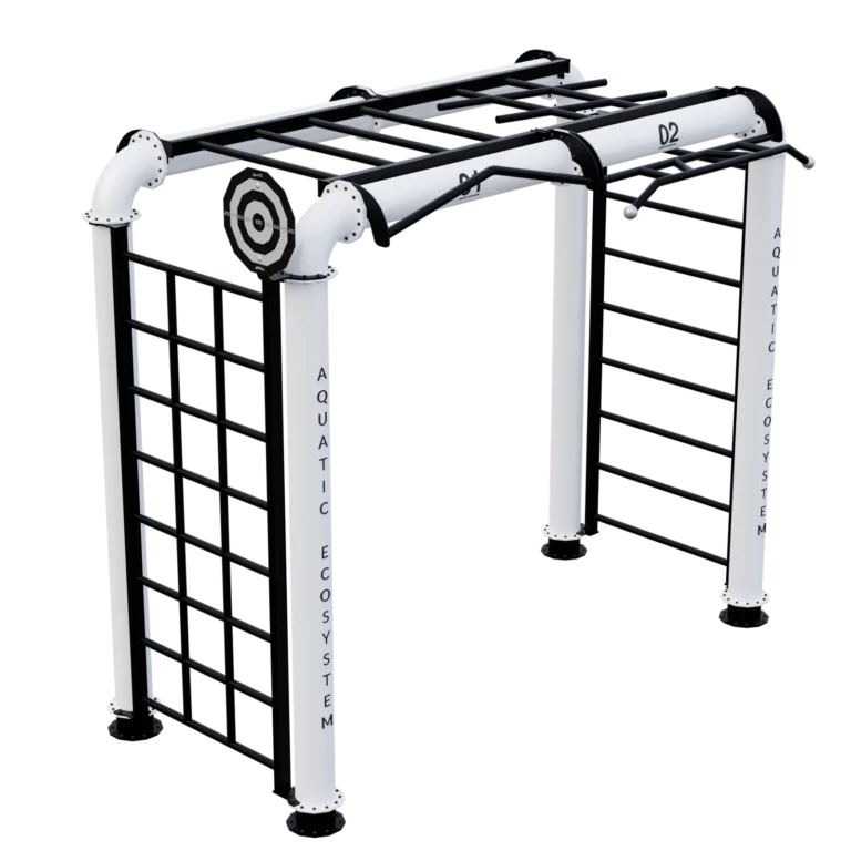 vGYM Système de rig modulaire – rig extérieur blanc et noir avec grille d’escalade et barre de suspension
