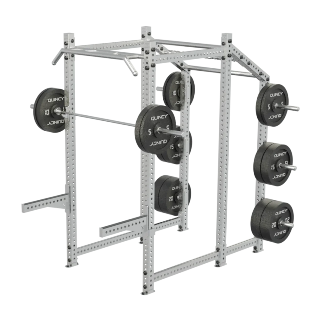 vGYM Power Rack Cross – rack de force avec barre longue et disques rangés sur le côté