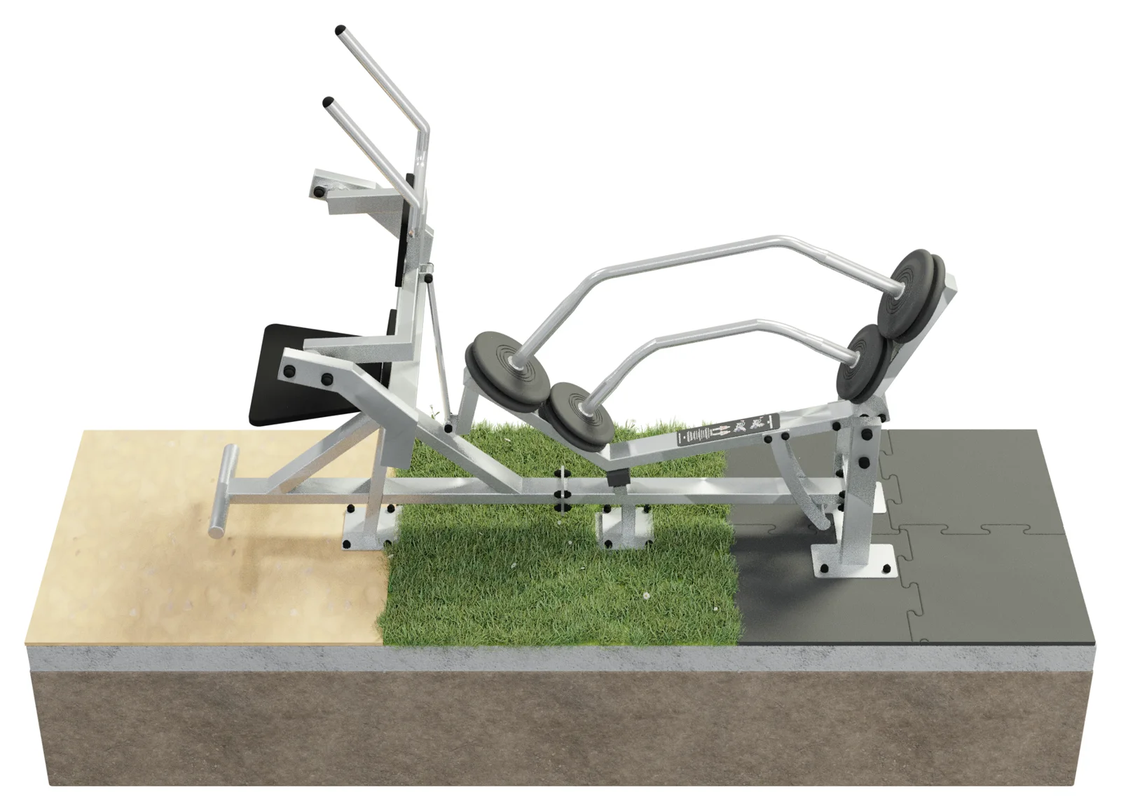 vGYM Bauchtrainer aus Edelstahl auf Holzschnitzeln, Rasen und Gummiplatten, befestigt auf einem Betonfundament